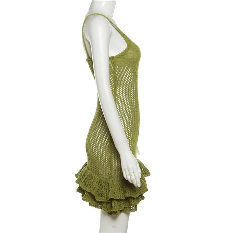 Crochet v neck sleeveless hollow out ruffle mini dress - View 4