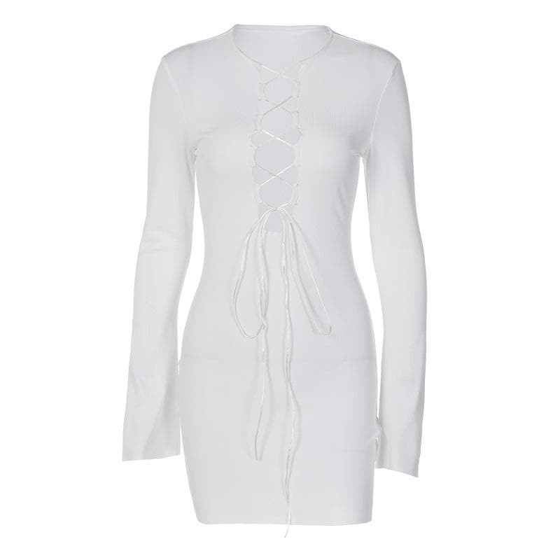 Lace up solid long sleeve ribbed self tie mini dress - View 3