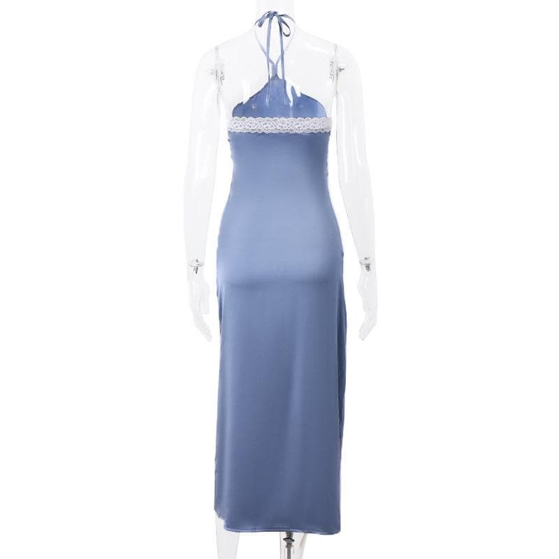 Satin Halter Neck Lace Trim High Split Slip Maxi Dress - View 3