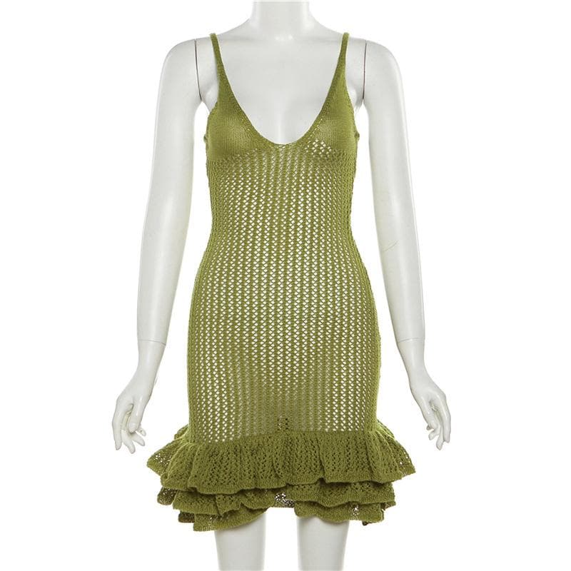 Crochet v neck sleeveless hollow out ruffle mini dress - View 3
