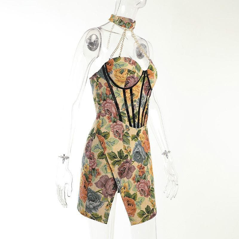 Floral Halter Neck Corset High Split Mini Dress - View 8