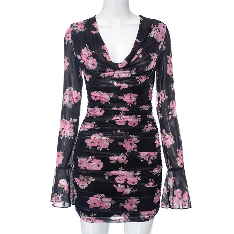 Floral Print Cowl Neck Long Sleeve Ruched Sheer Mesh Mini Dress - View 8