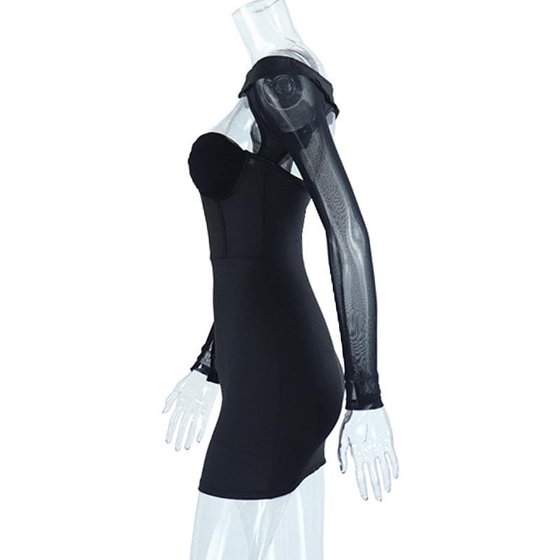 Off shoulder mesh solid hollow out long sleeve mini dress - View 6