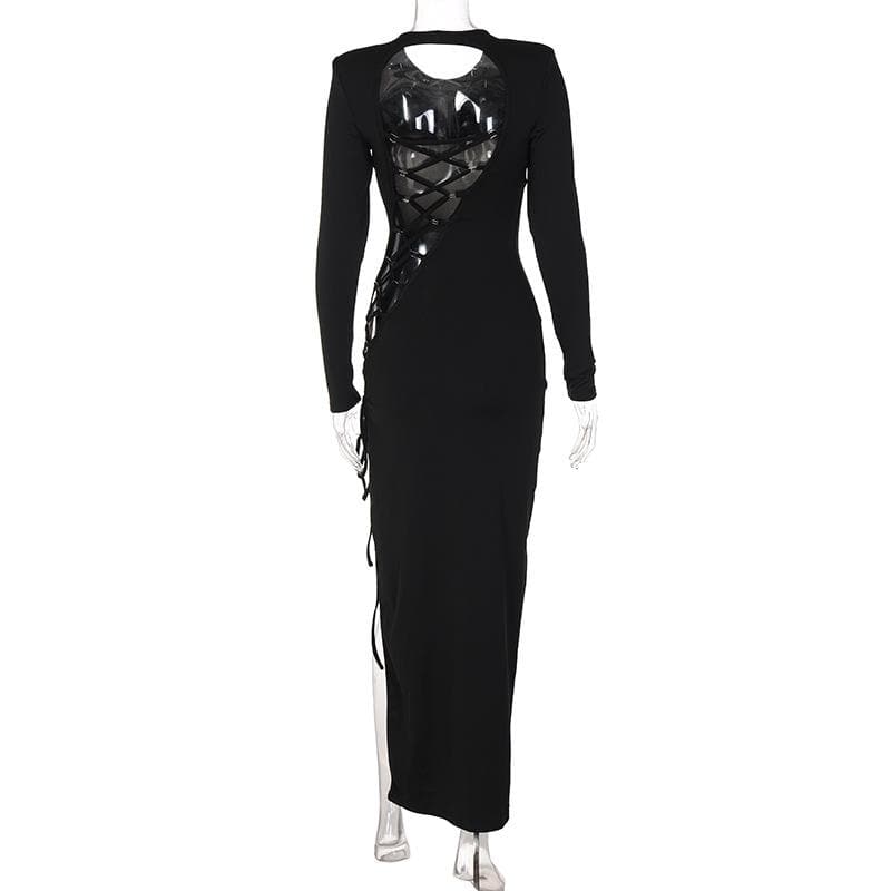Lace up irregular long sleeve hollow out backless maxi dress - View 3