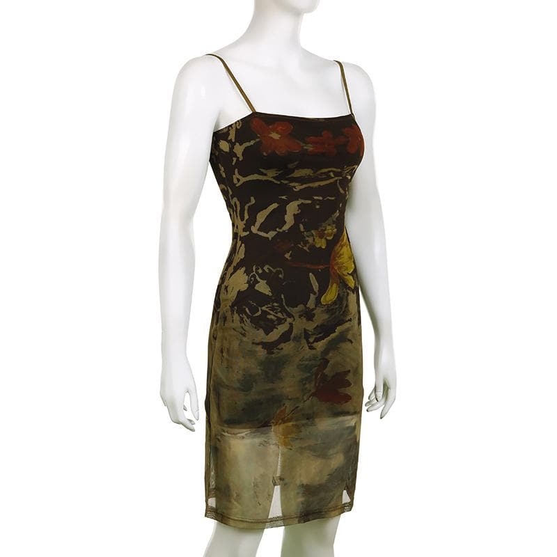 Mesh abstract print square neck contrast cami midi dress - View 3