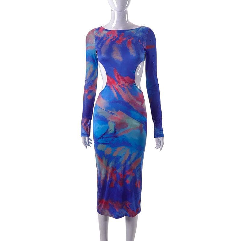 Hollow out contrast print long sleeve ruched mesh patchwork midi dress - View 9