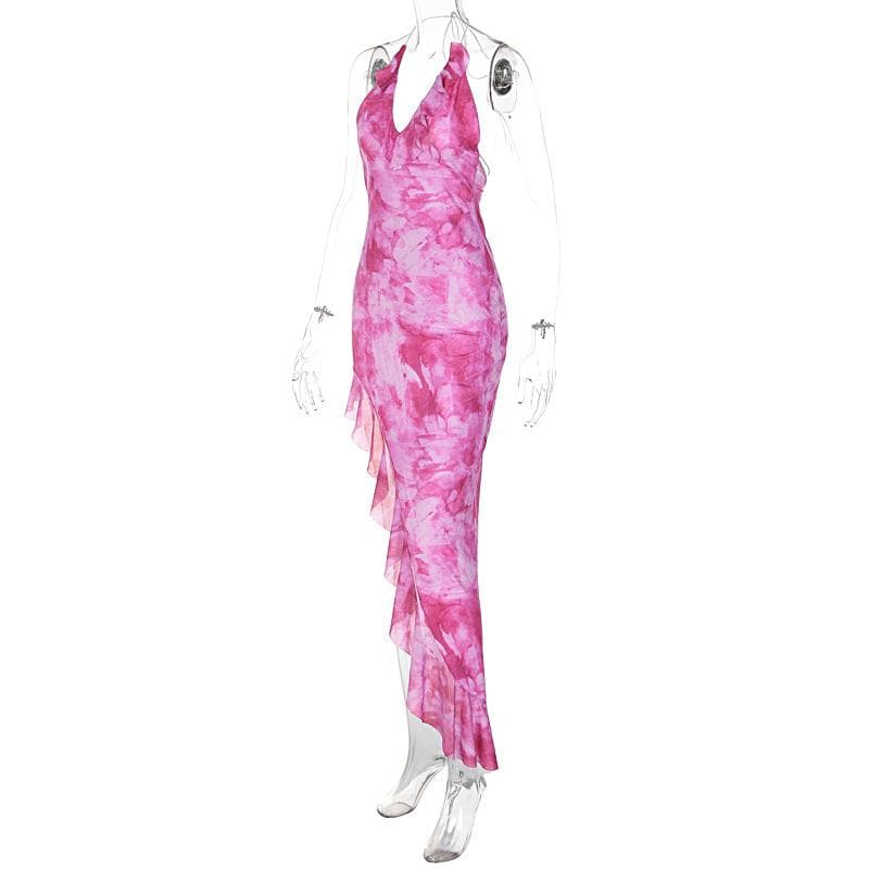 Tie dye ruffle halter mesh backless self tie irregular maxi dress - View 3