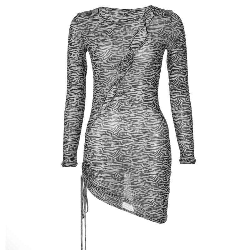 Zebra print hollow out irregular long sleeve sheer mini dress - View 2