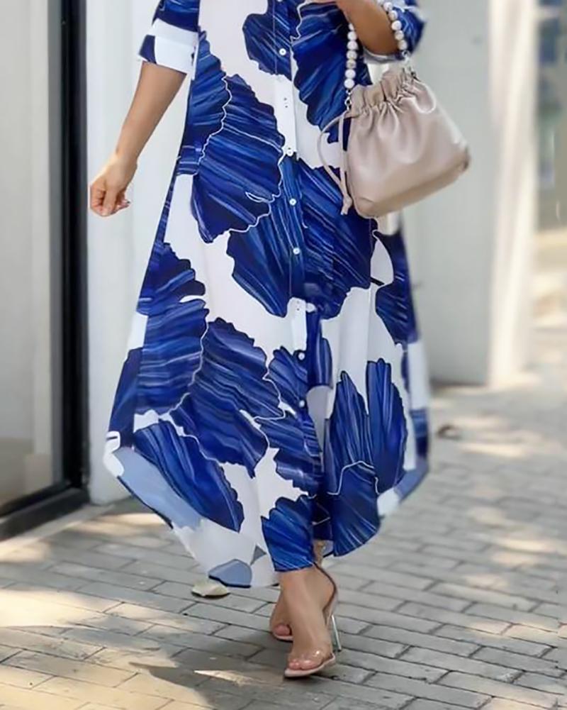 Abstract Print Button Down Collar Three Quarter Maxi Shirt Dress - View 3