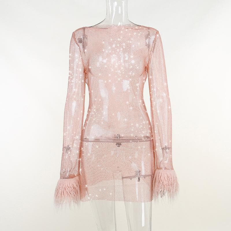 Long sleeve solid see through sheer mesh fluffy round neck mini dress - View 3