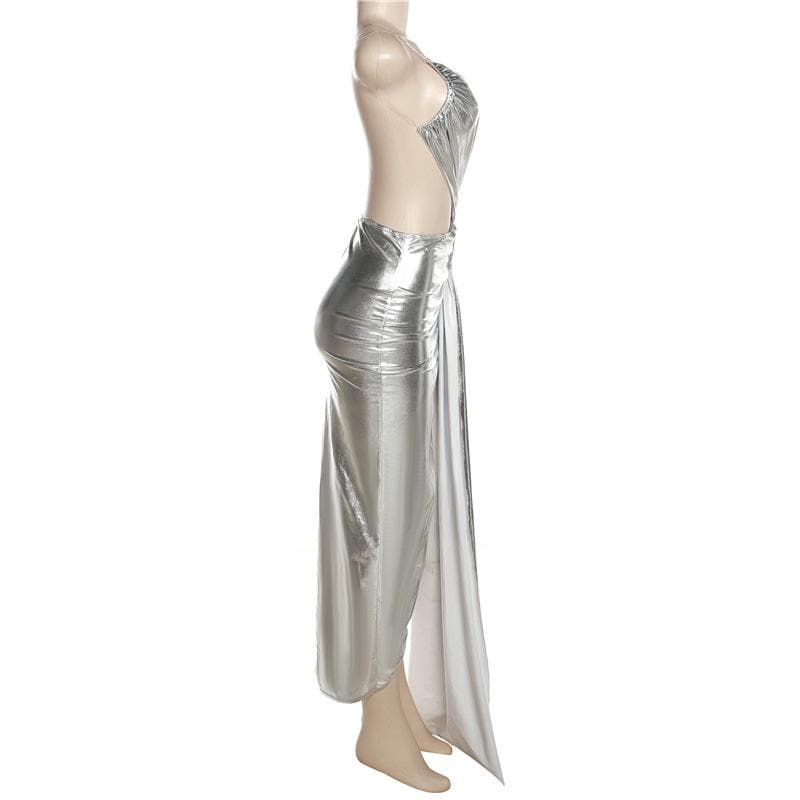 Metallic one shoulder irregular backless maxi dress - View 7