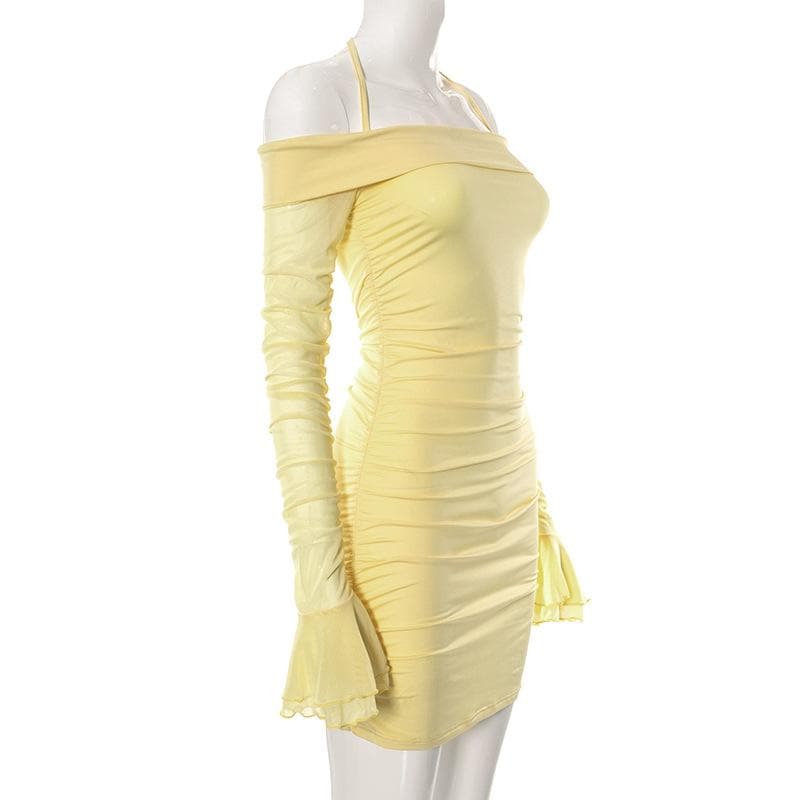 Off Shoulder Halter Neck Long Sleeve Mesh Ruched Bodycon Mini Dress - View 3