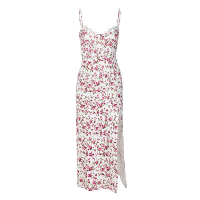 Floral Print Sweetheart Lace Trim High Split Slip Maxi Dress - View 9
