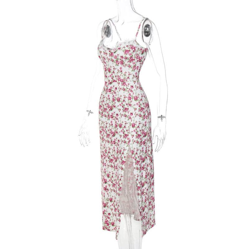 Floral Print Sweetheart Lace Trim High Split Slip Maxi Dress - View 4