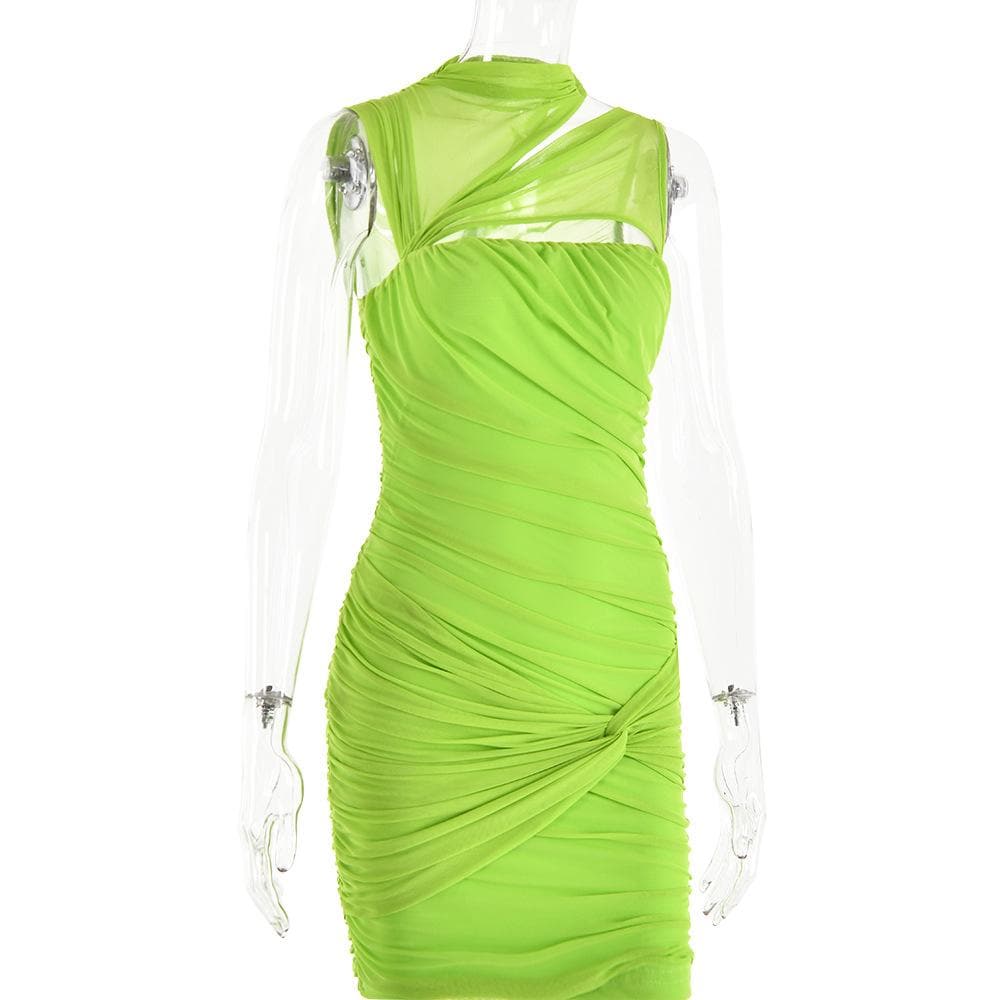 Sleeveless irregular hollow out mesh knotted ruched mini dress - View 3