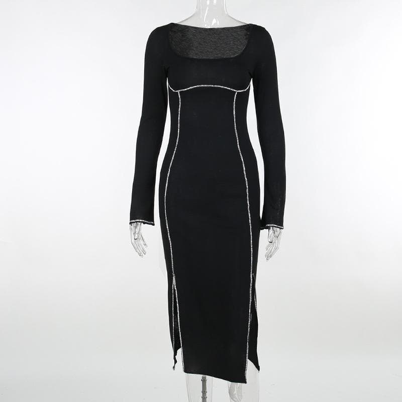 Beaded square neck slit long sleeve midi dress - View 8