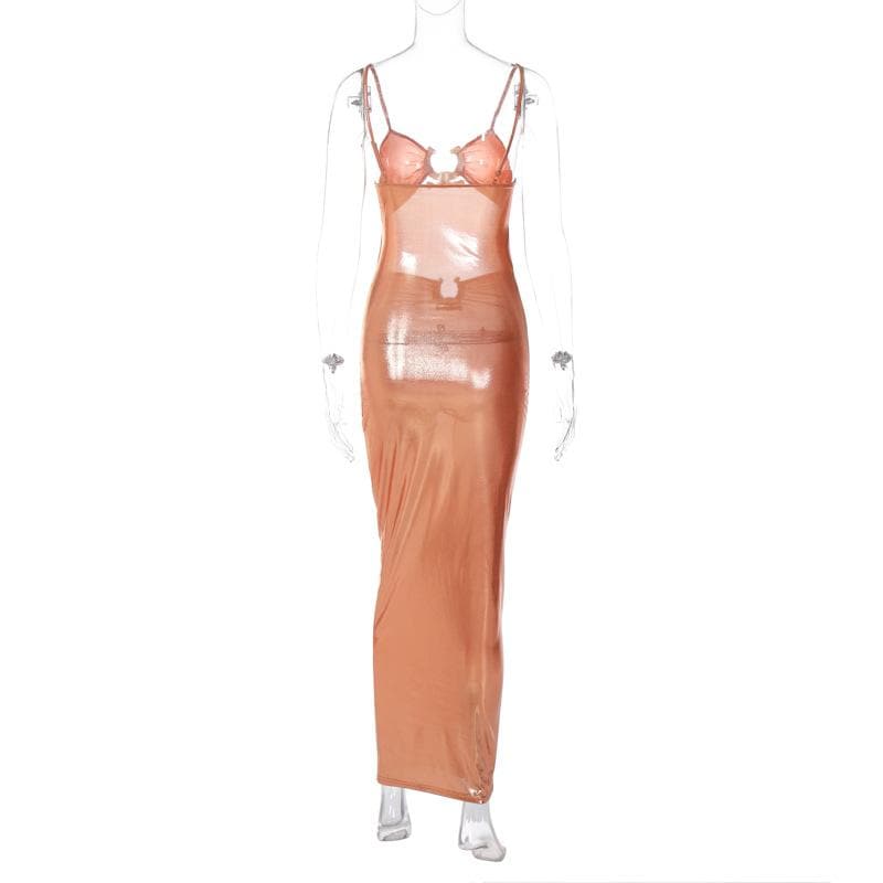 Hollow out metallic ruched backless metal applique cami maxi dress - View 4