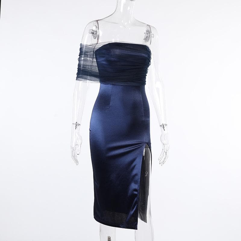 One shoulder irregular mesh ruched slit midi dress - View 8