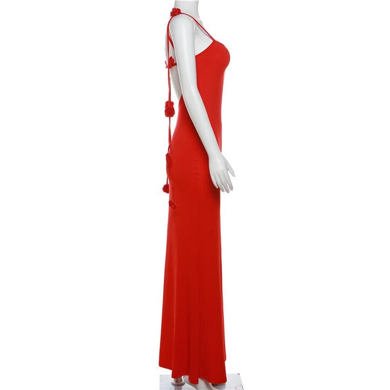 Flower applique backless solid v neck ribbon cami maxi dress - View 3