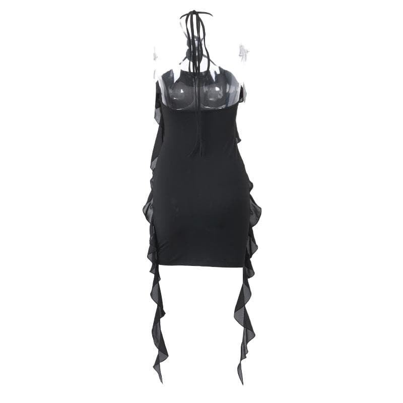 Halter Neck Flower Applique Ruffle Bodycon Mini Dress - View 9