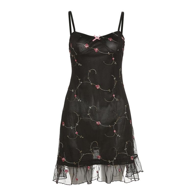 Satin Floral Embroidery Sweetheart Spaghetti Strap Mini Dress - View 2