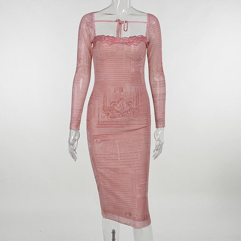 Mesh contrast print lace hem self tie long sleeve midi dress - View 8