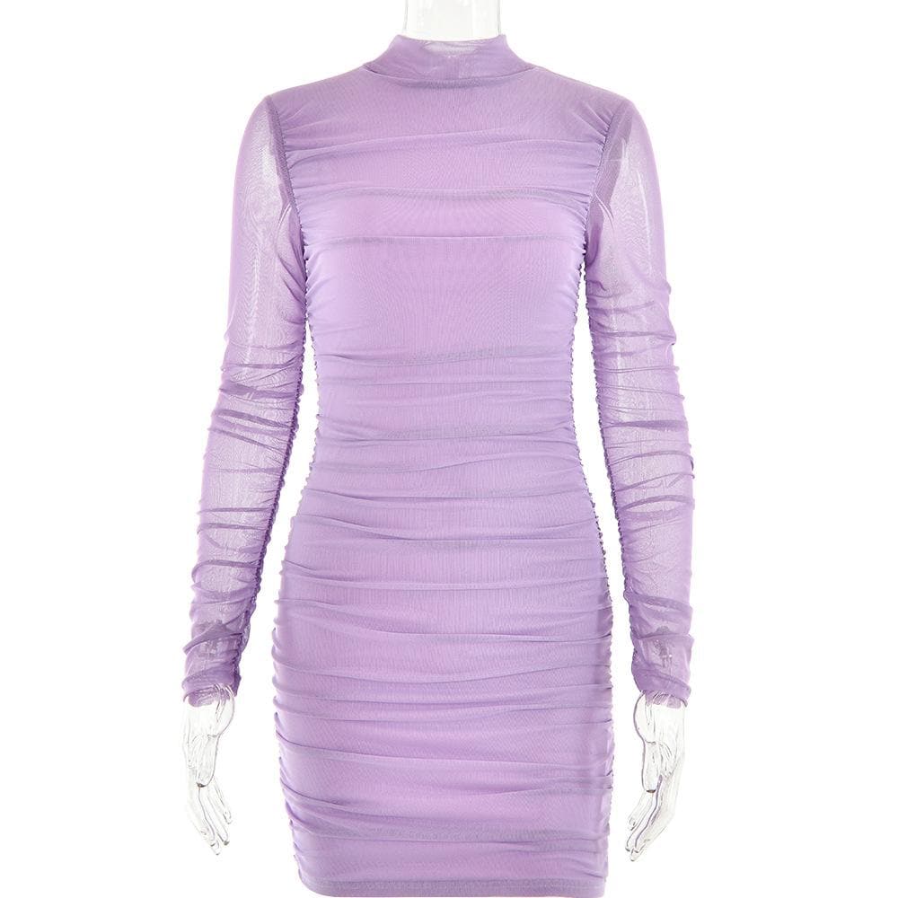 Mesh ruched zip-up long sleeve solid high neck mini dress - View 2