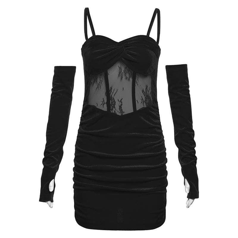 Velvet gloves ruched mesh backless cami mini dress - View 3