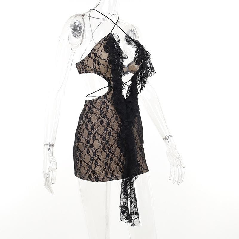 Cross front backless hollow out lace hem contrast mini dress - View 3