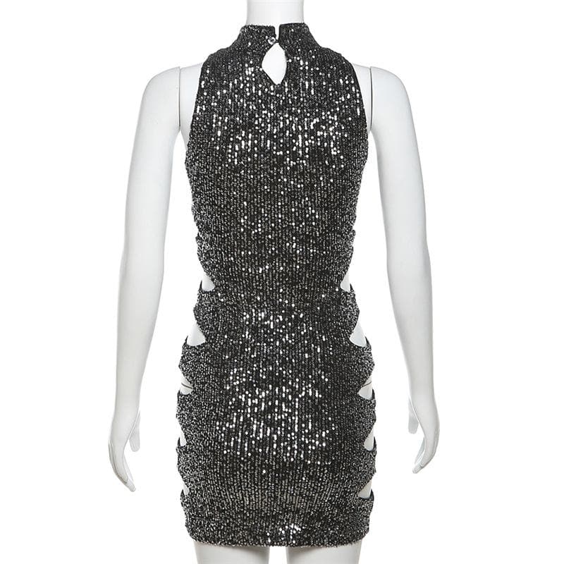 Glitter hollow out high neck button sleeveless mini dress - View 3