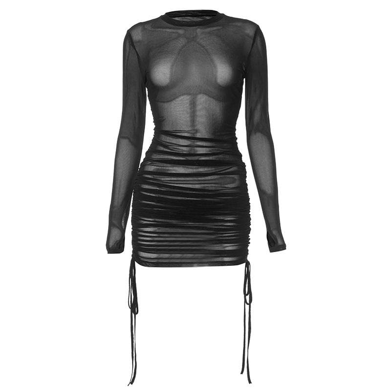 Crewneck long sleeve drawstring sheer mesh see through midi dress - View 9