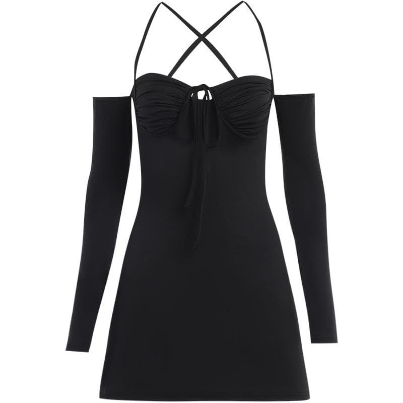 Lace up solid cross back off shoulder long sleeve mini dress - View 2