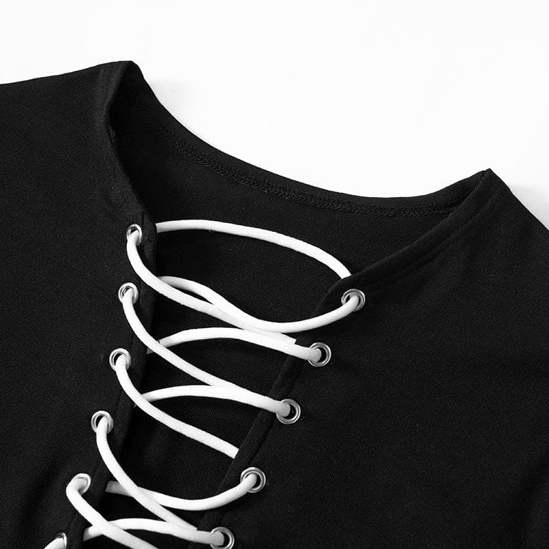 Lace up contrast long sleeve irregular crewneck mini dress - View 5