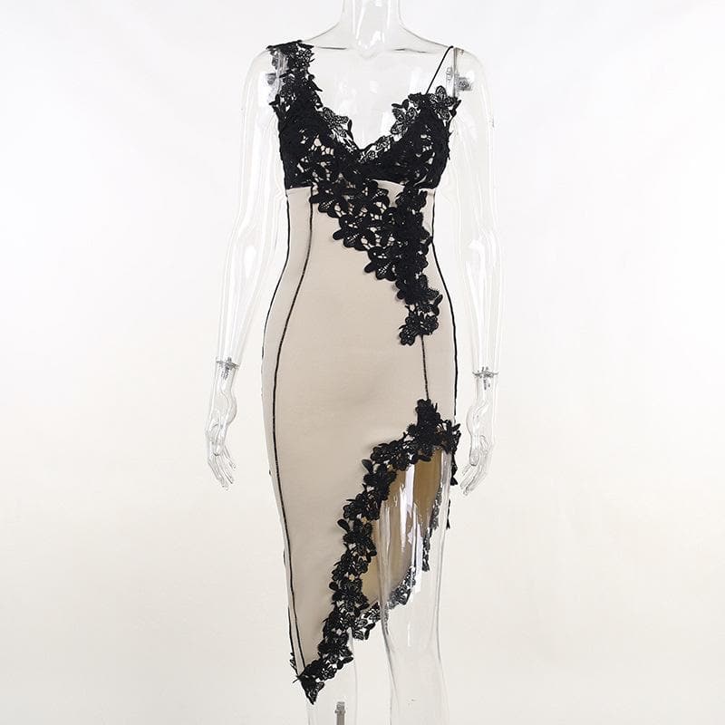 Contrast irregular v neck lace hem stitch mini dress - View 8