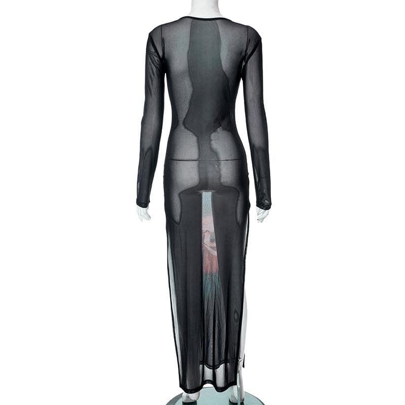 Joker pattern long sleeve sheer mesh see through slit maxi dress - View 4