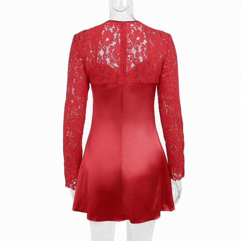 Lace zip-up long sleeve patchwork padded mini dress - View 4