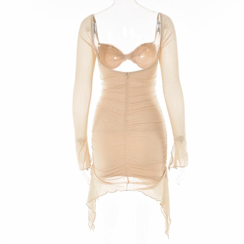 Long sleeve solid hollow out slit mesh ruched zip-up mini dress - View 6