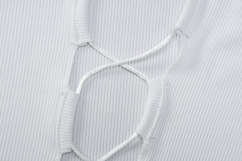 Lace up solid long sleeve ribbed self tie mini dress - View 7