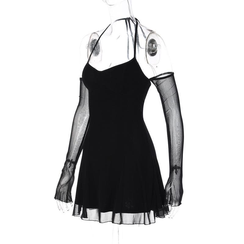 Mesh Halter Neck Off Shoulder Long Sleeve Fit and Flare Mini Dress - View 7