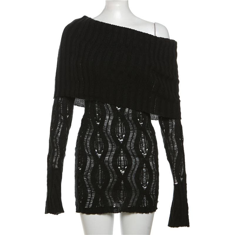 Crochet off shoulder long sleeve hollow out mini dress - View 2