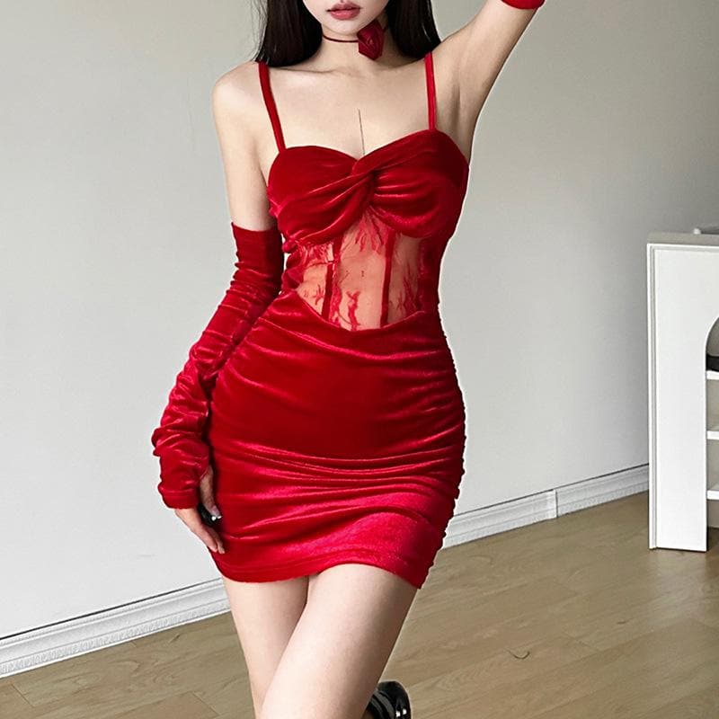 Velvet gloves ruched mesh backless cami mini dress - View 12