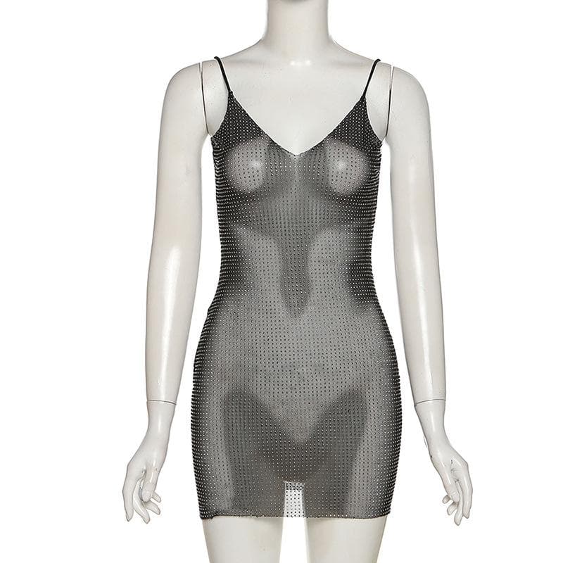 Beaded V neck sheer mesh see through mini dress - View 7