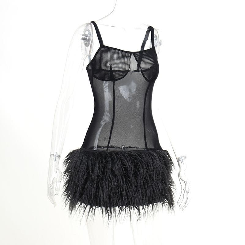 Mesh see through feather sleeveless backless mini dress - View 4