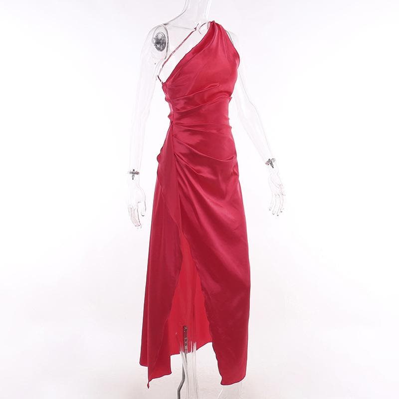 Slit solid satin one shoulder irregular ruched maxi dress - View 3