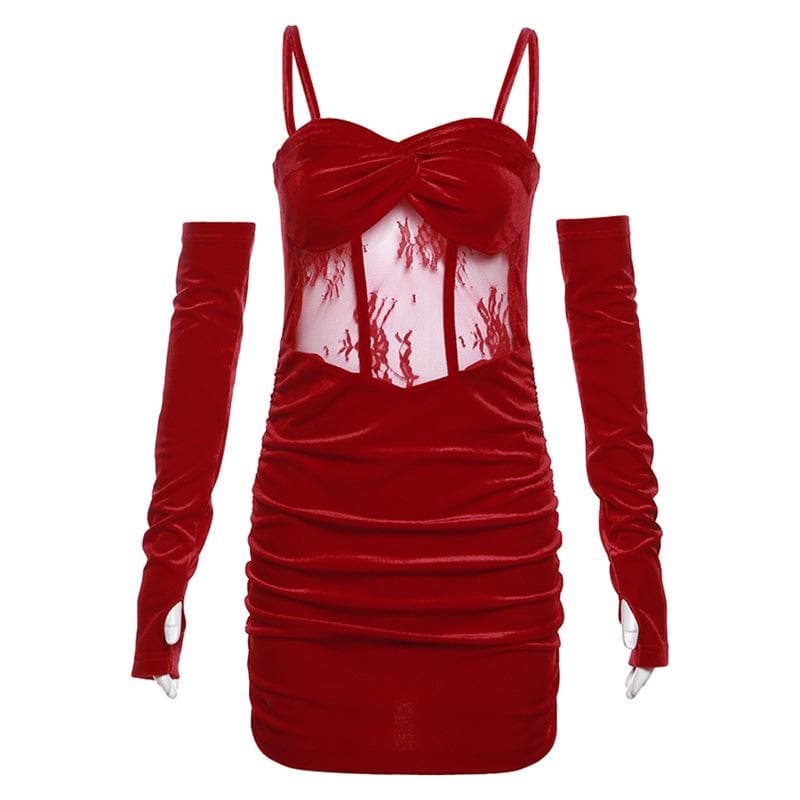 Velvet gloves ruched mesh backless cami mini dress - View 2
