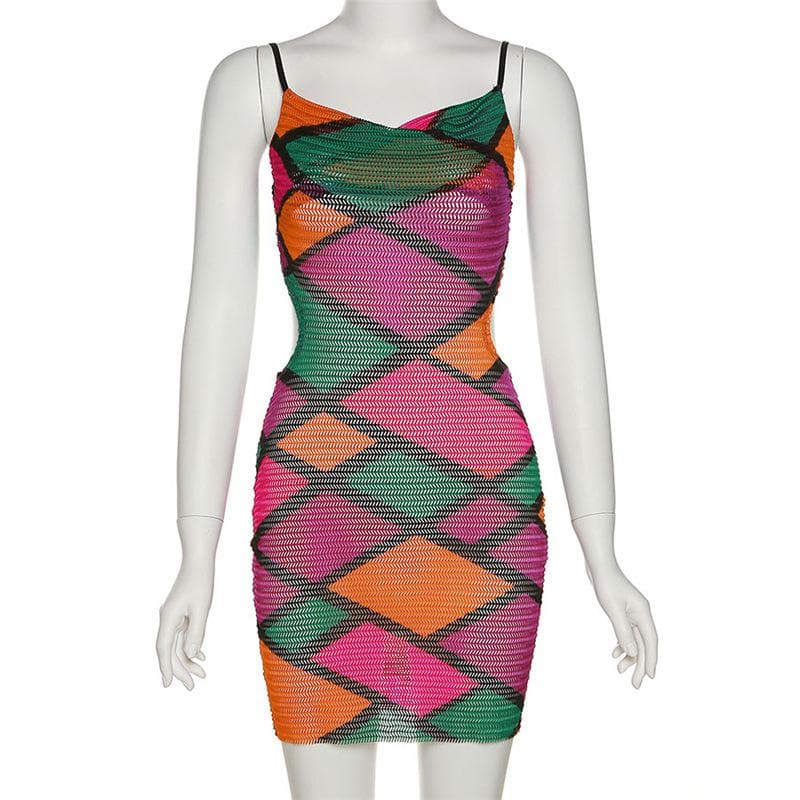 Crochet Mesh Geometric Waist Cut Out Bodycon Mini Dress - View 3