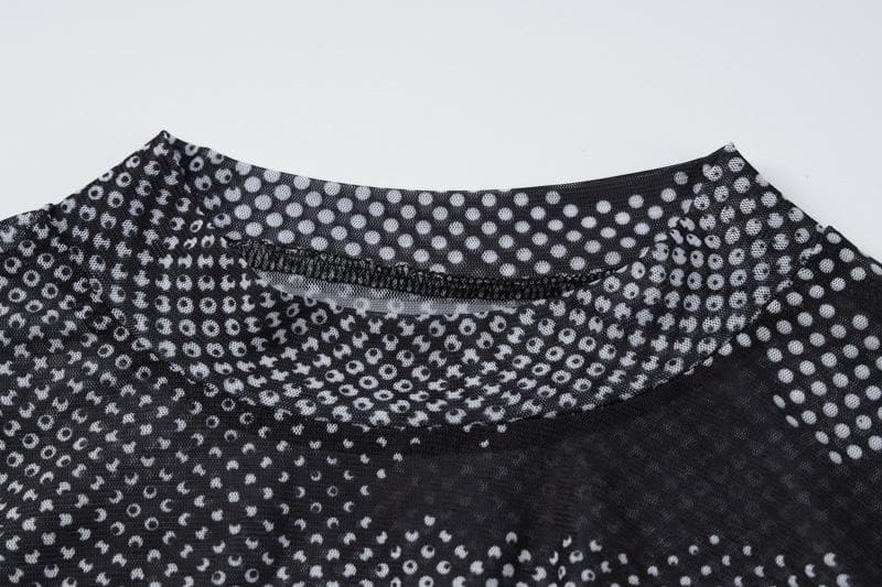 Long sleeve sheer mesh see through contrast polka dot mini dress - View 5