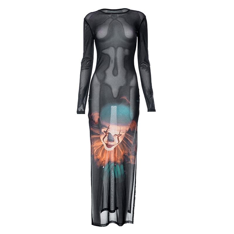 Joker pattern long sleeve sheer mesh see through slit maxi dress - View 2