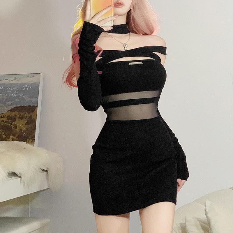 Solid mesh off shoulder cross front gloves metal tag mini dress - View 7