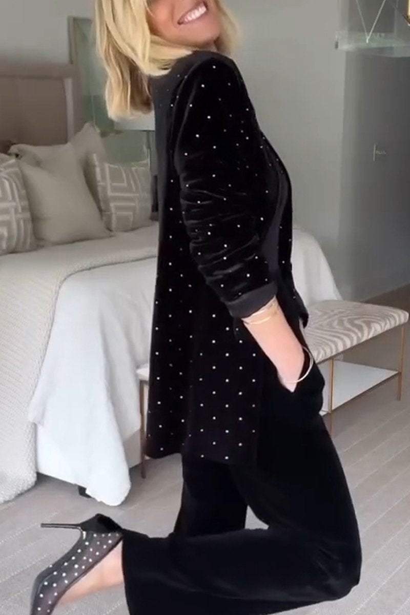 Studded Velvet Notch Lapel Open Front Blazer 3